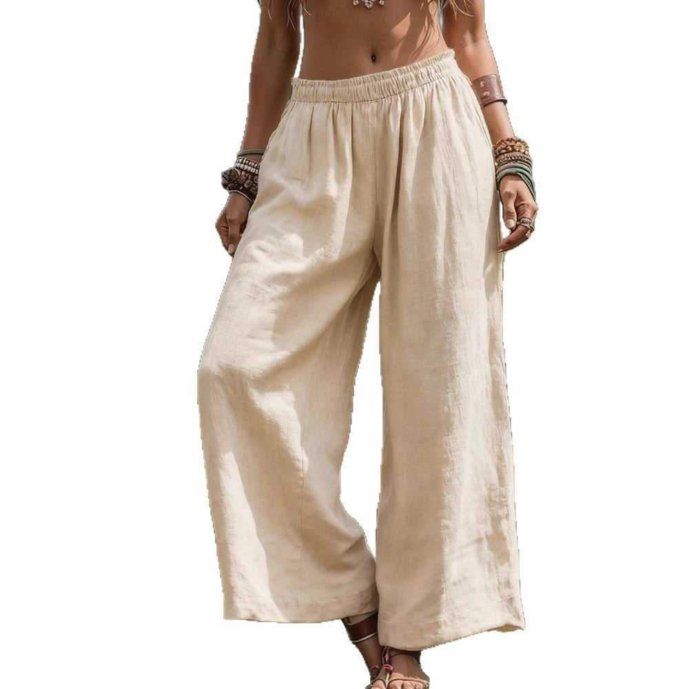Women's Wide Linen Look Palazzo Pants with Elastic Waistband and Pockets Mune Fashion