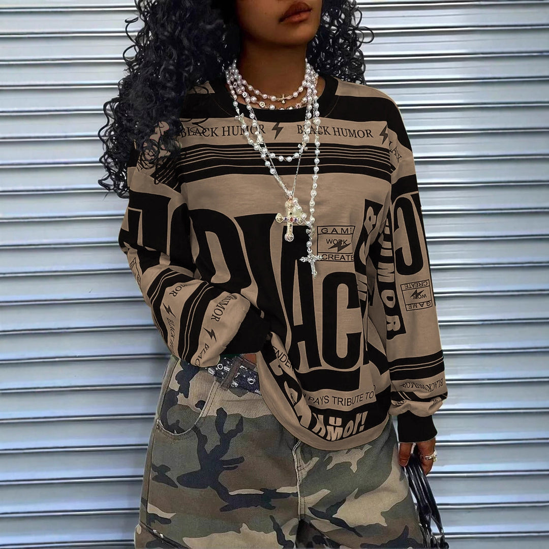 Women's Oversize Long Sleeve Sweatshirt with Allover Graphic, Round Neck and Ribbed Cuffs Mune Fashion