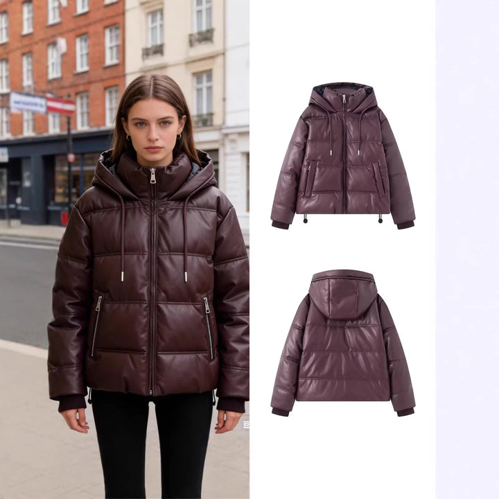 Women's Short Quilted Faux Leather Puffer Jacket with Hood, Drawstring and Side Pockets Mune Fashion