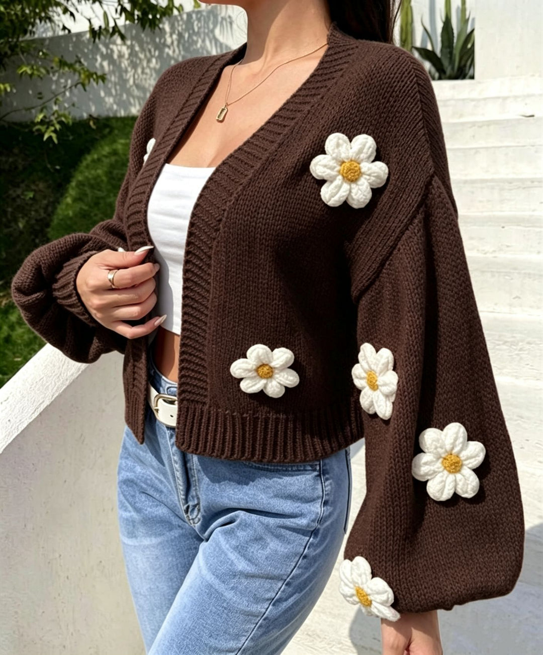 Women’s Cropped Cardigan made of cotton blend with 3D flower applications Mune Fashion