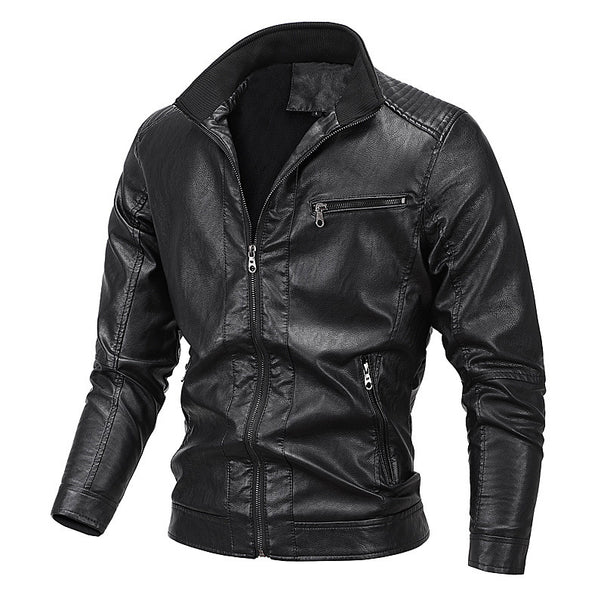 Men's faux leather moto jacket with stand-up collar, distinctive quilted design, and zip pockets Mune Fashion