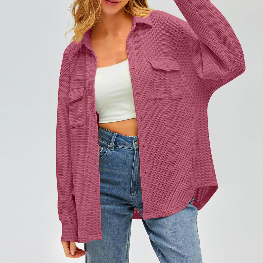 Women's oversized waffle knit shirt jacket with chest pockets and button placket Mune Fashion