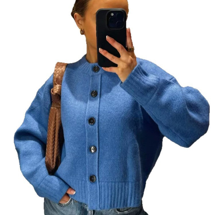Women's Short Boxy Cardigan with Large Button Placket, Ribbed Hem & Volume Sleeves Mune Fashion