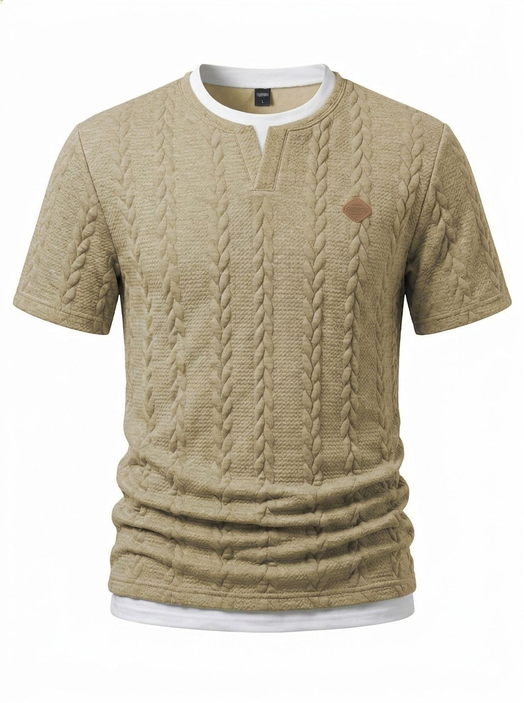 Men's textured short-sleeve shirt with embossed braid structure, V-insert at the round neck and layered look Mune Fashion