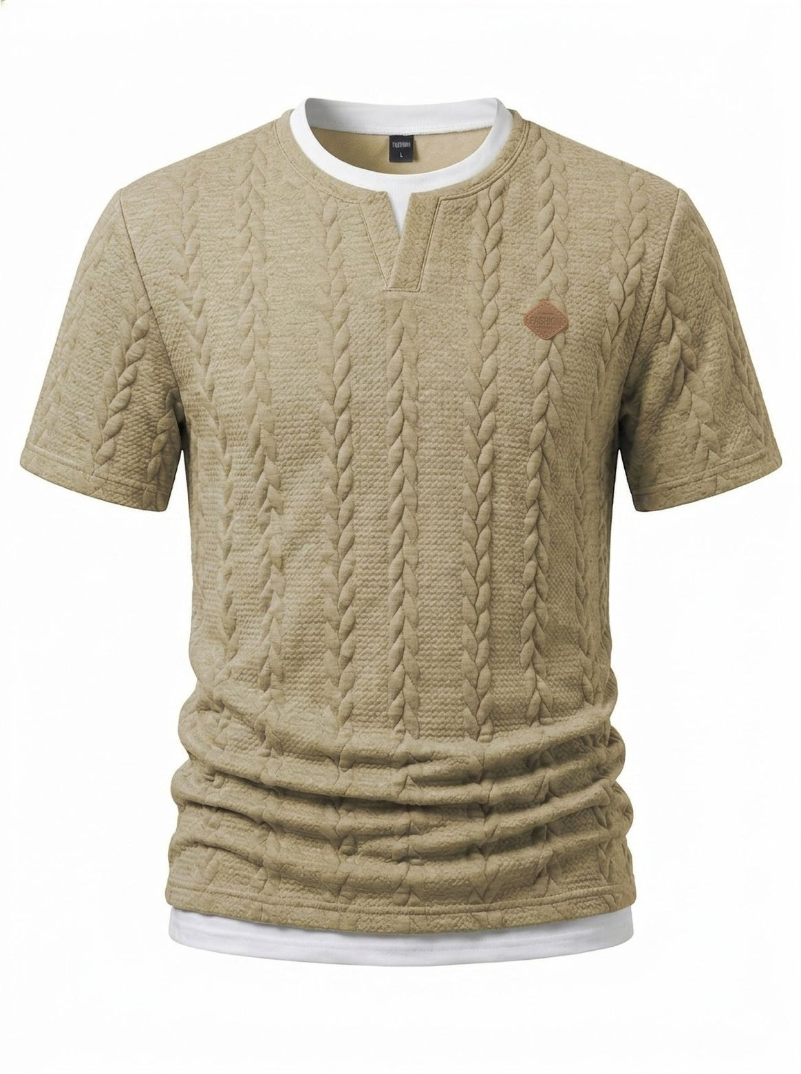 Men's textured short-sleeve shirt with embossed braid structure, V-insert at the round neck and layered look Mune Fashion