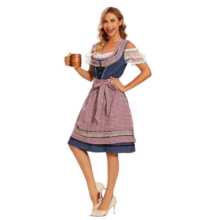 Ladies traditional dirndl dress with laced bodice, lace sleeves and checkered apron Mune Fashion