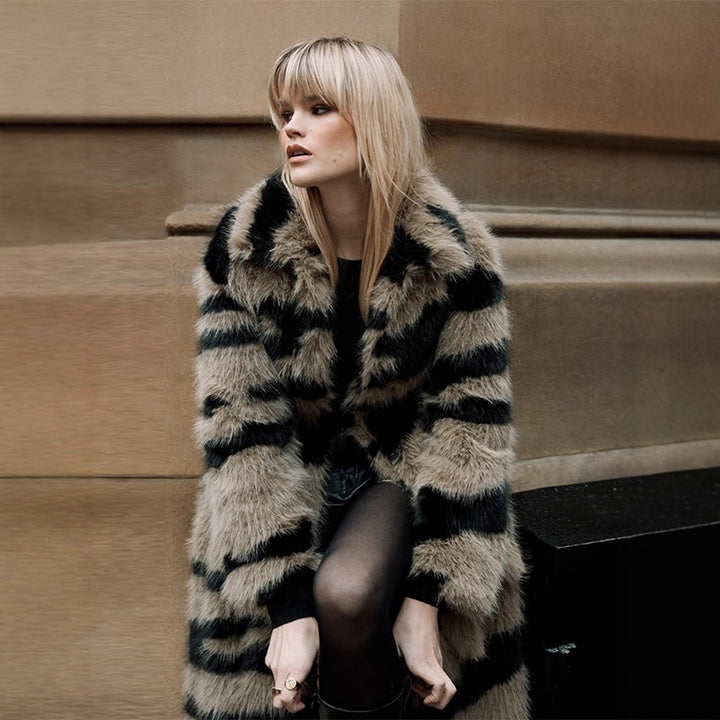 Women Oversize Faux Fur Coat with Striped Maxi Cut Mune Fashion
