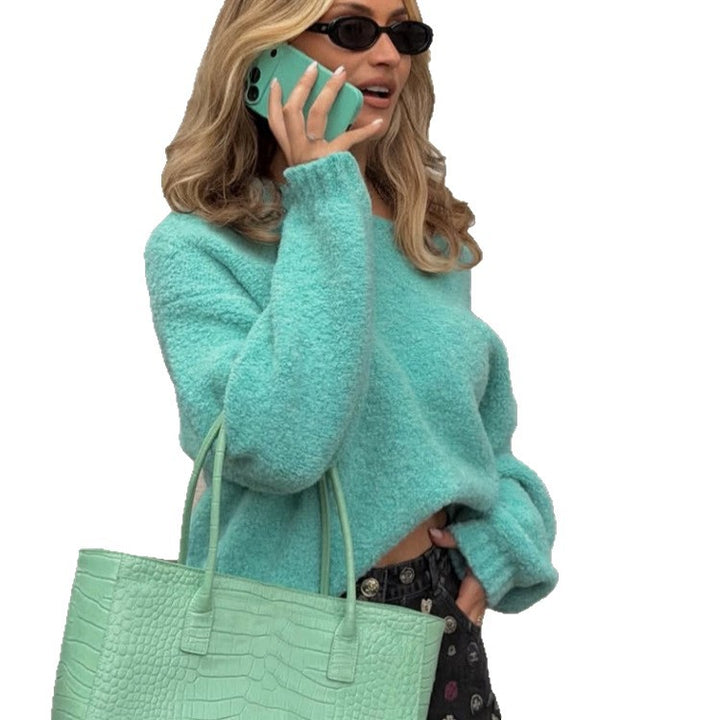 Women Cropped Off-Shoulder Boucle Sweater with Cropped Cut Mune Fashion