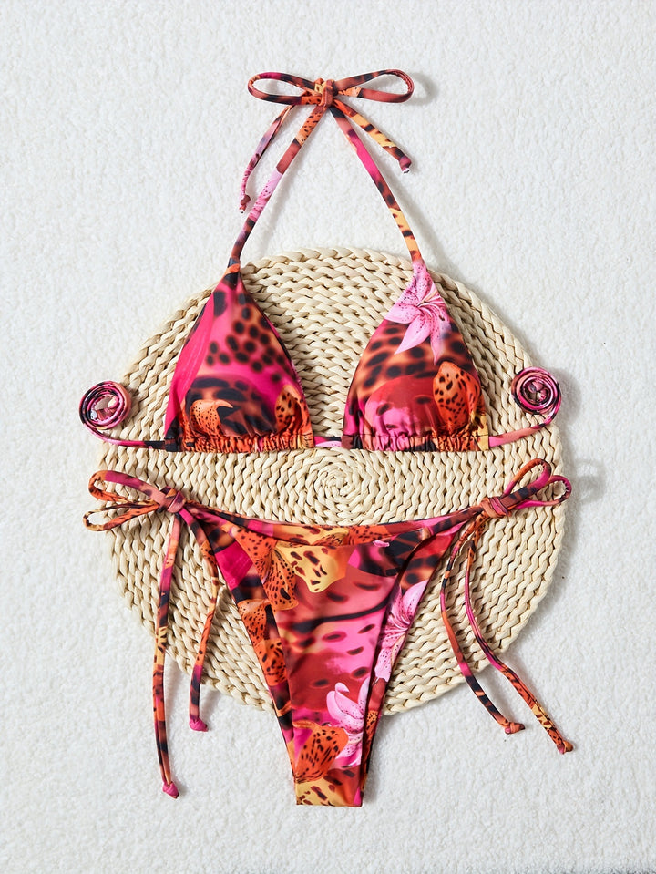 Ladies triangle bikini with adjustable ties and animal print Mune Fashion