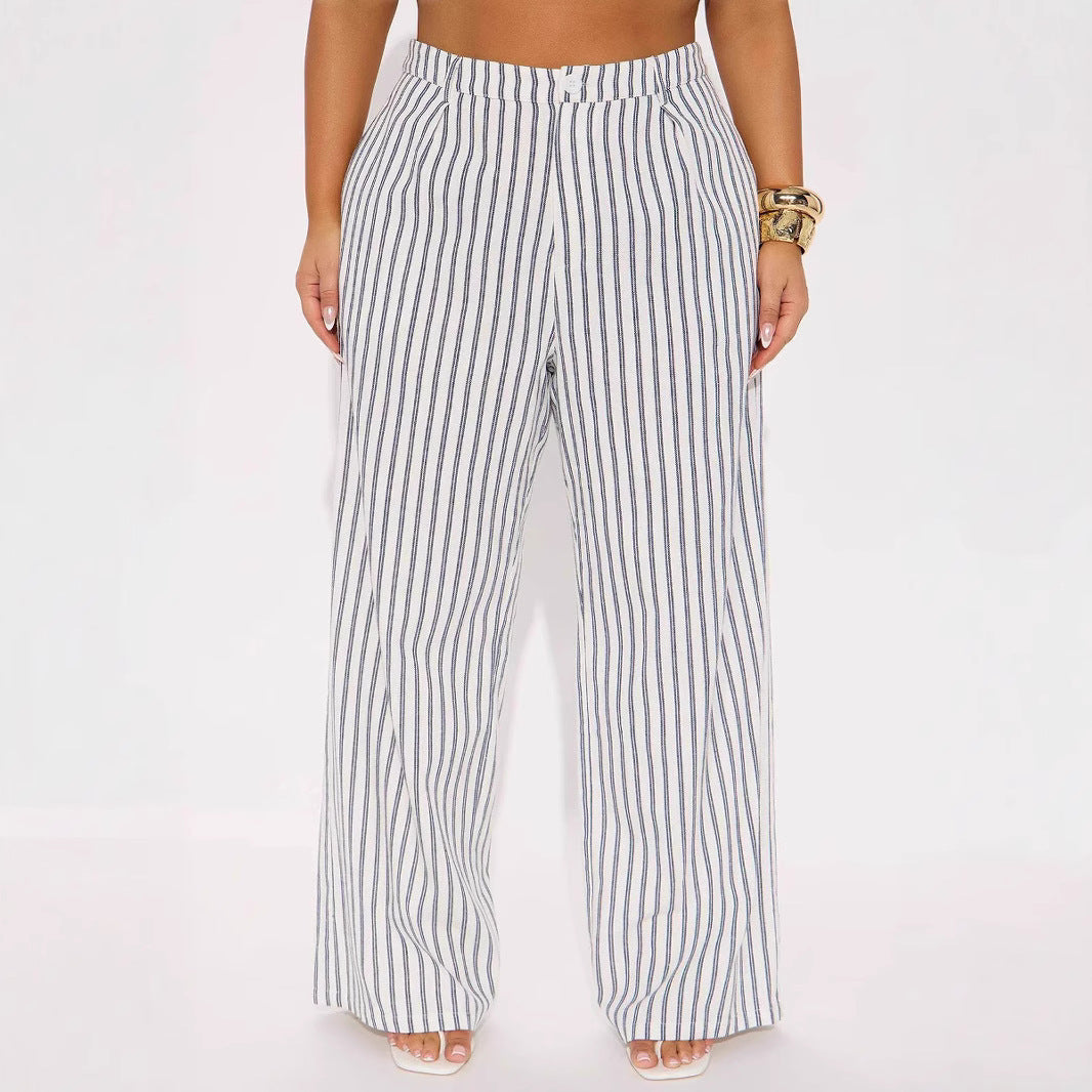 Women's linen look palazzo pants with high waist and vertical stripes Mune Fashion