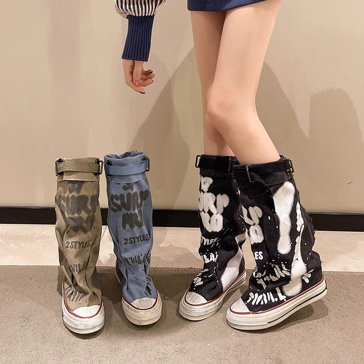Damen Canvas-Gaiter-Boots mit integrierter Sneaker-Sohle und verstellbarem Schnallenriemen Mune Fashion