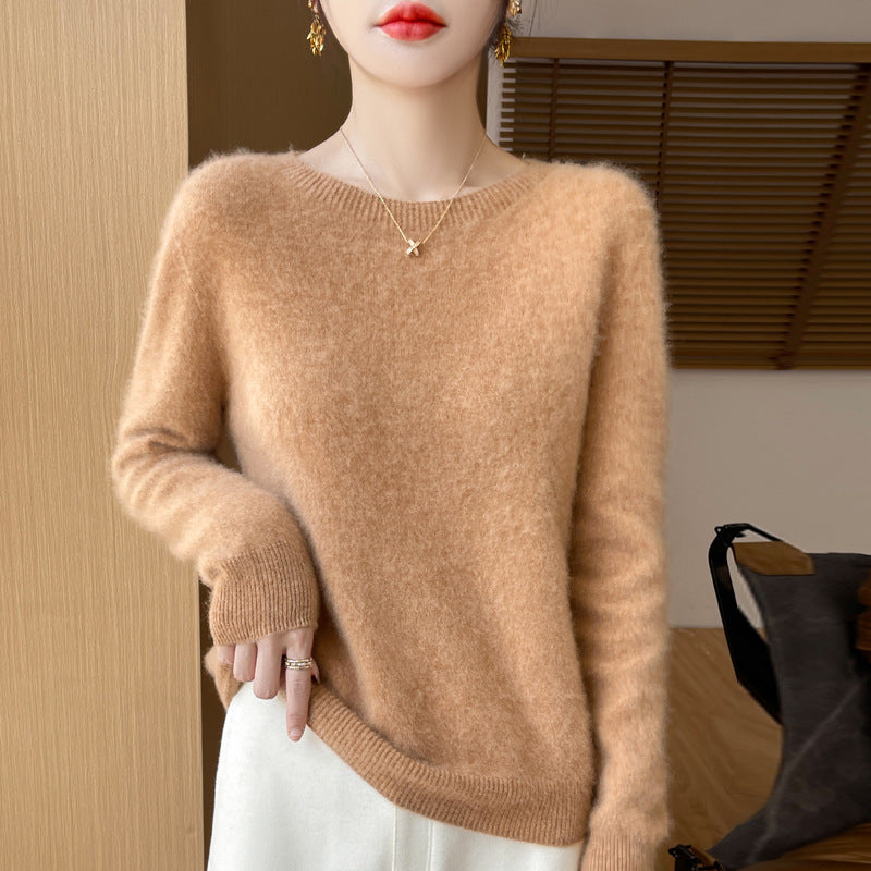 Women's Soft Mohair-Effect Round Neck Sweater with Fine Ribbed Hem and Light Oversize Fit Mune Fashion