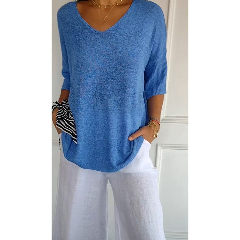 Women's relaxed fit V-neck fine knit pullover with three-quarter sleeves Mune Fashion