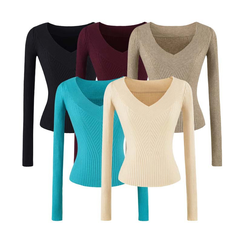 Women's Tailored Ribbed Knit Sweater with V-Neck and Shaping Structure Mune Fashion