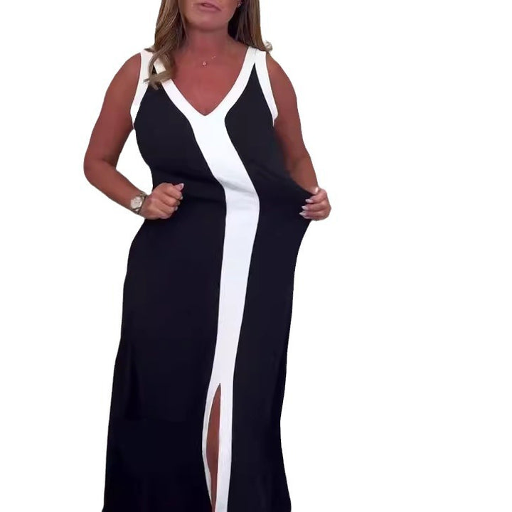 Women's tailored V-neck train dress with contrasting center yoke and central front slit Mune Fashion