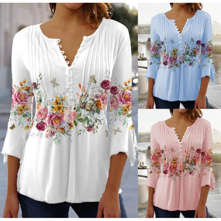 Women's Lightweight Viscose Tunic with V-Neck, Pleating and Floral Border Print Mune Fashion