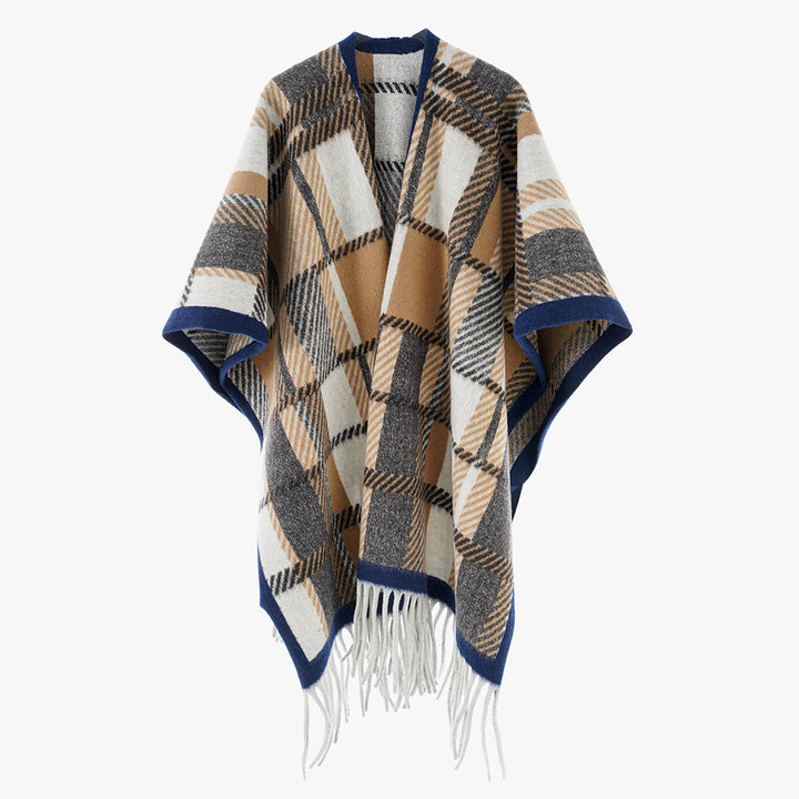 Women's Oversized Wool Blend Poncho with Check Pattern and Fringed Hem Mune Fashion