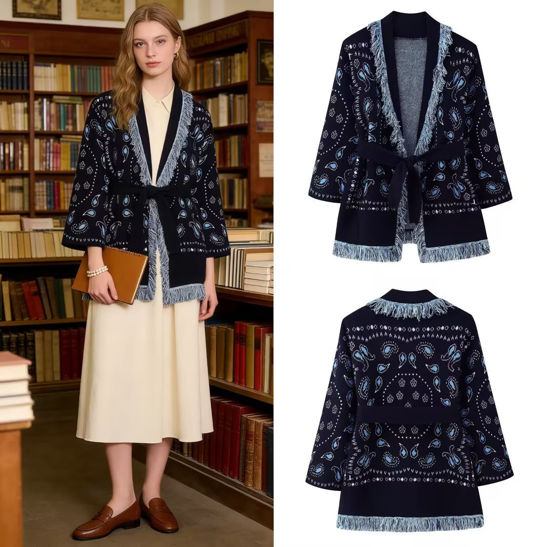 Women's Fringe Cardigan with Paisley Jacquard, Waist Belt and Open Kimono Silhouette Mune Fashion