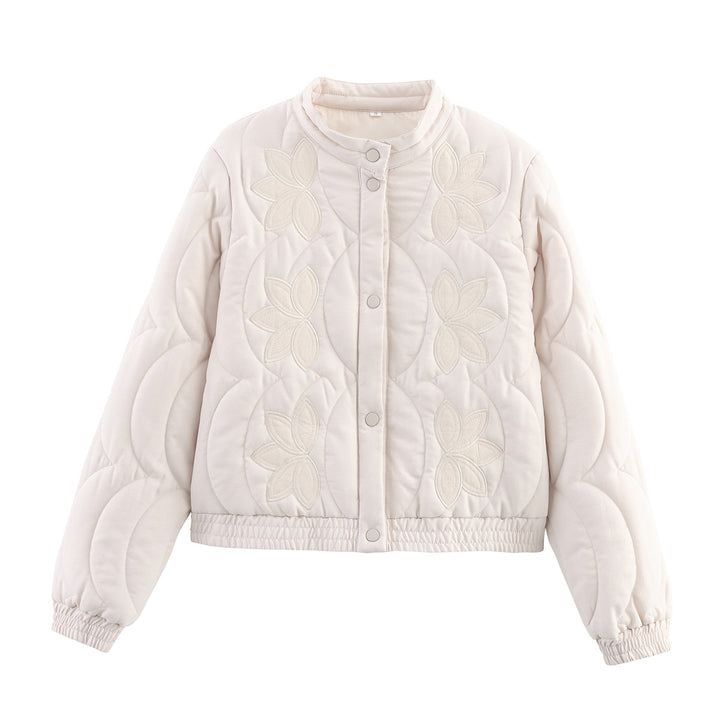 Women Short Cut Padded Jacket with Floral Appliqués and Elastic Hem Mune Fashion