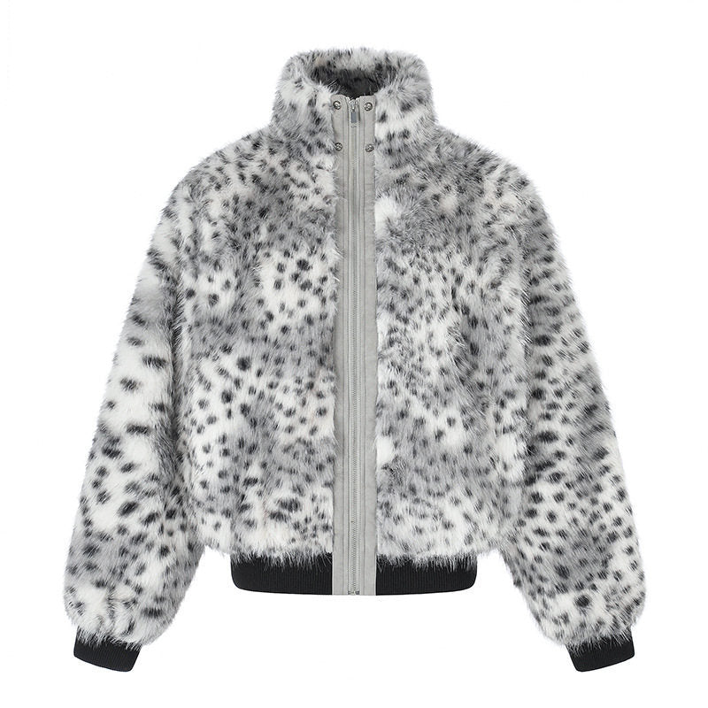 Women's Cropped Faux Fur Bomber Jacket with High Stand-Up Collar, Polka Dot Leopard Pattern, and Ribbed Hem Mune Fashion