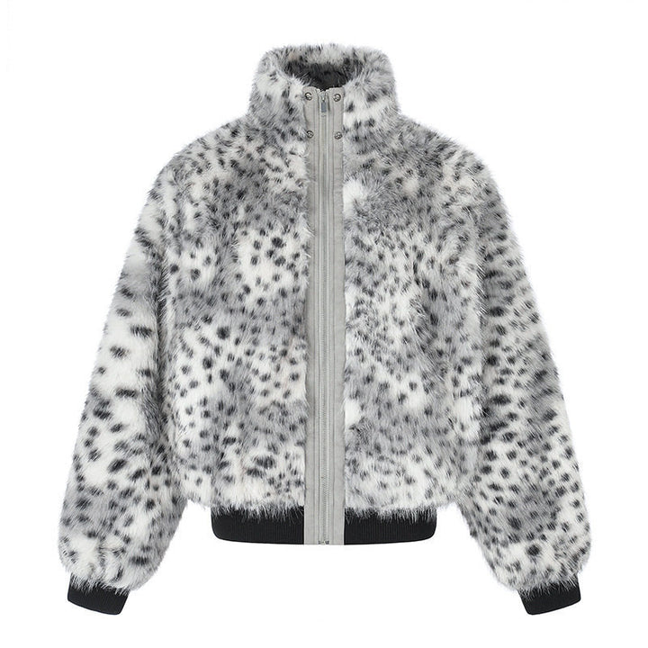 Women's Cropped Faux Fur Bomber Jacket with High Stand-Up Collar, Polka Dot Leopard Pattern, and Ribbed Hem Mune Fashion