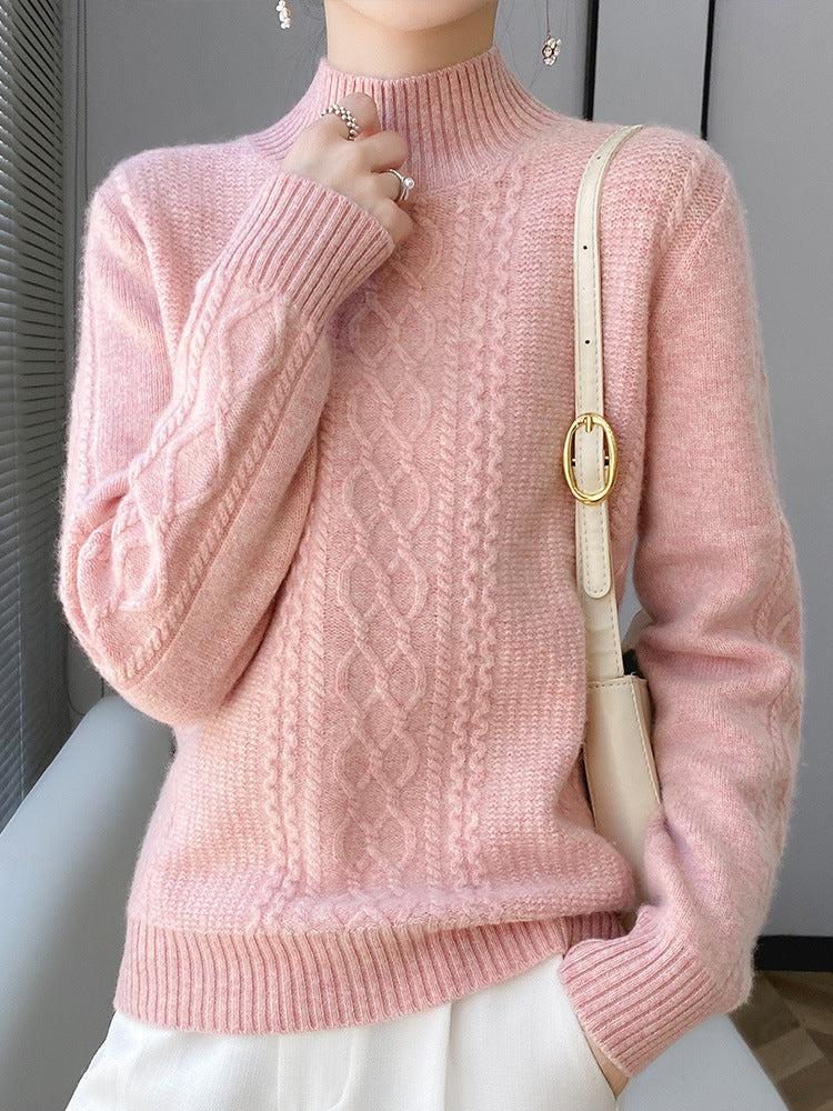 Women's Soft Cable Knit Mock Neck Sweater with Light Mohair Effect Mune Fashion