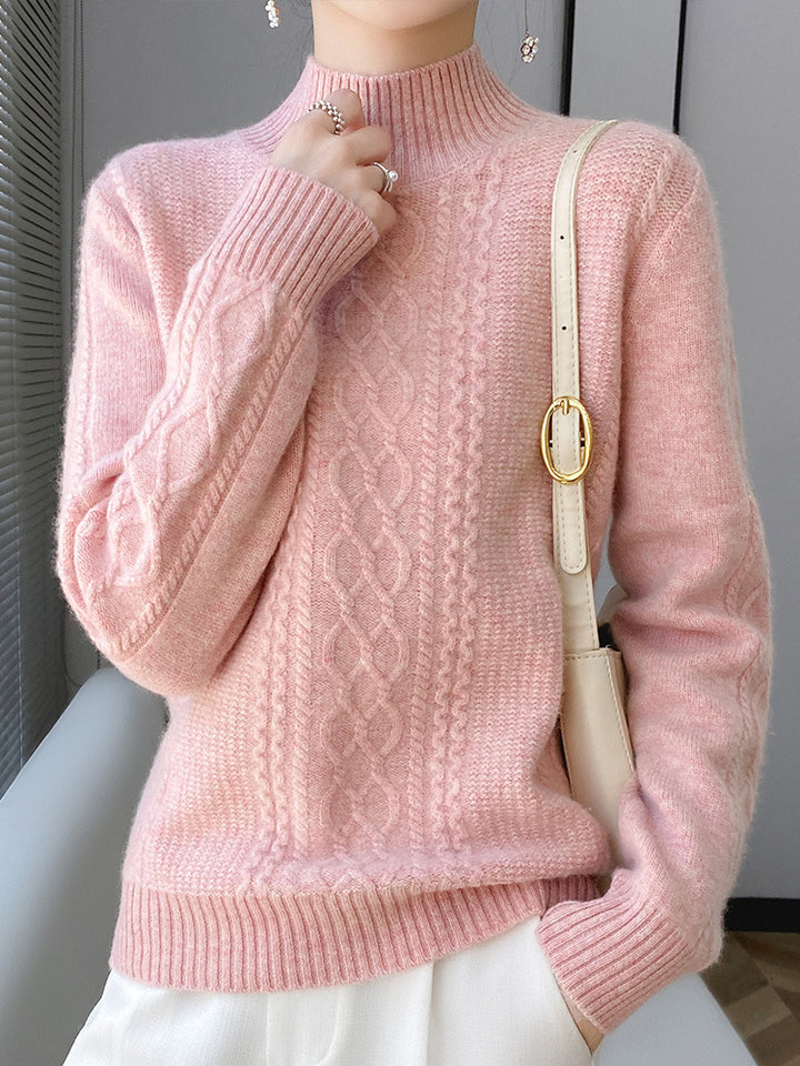 Women's Soft Cable Knit Mock Neck Sweater with Light Mohair Effect Mune Fashion