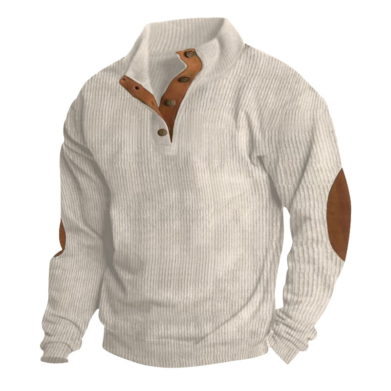 Men's knitted cotton blend sweater with stand-up collar, button placket, and leather-look elbow patches Mune Fashion