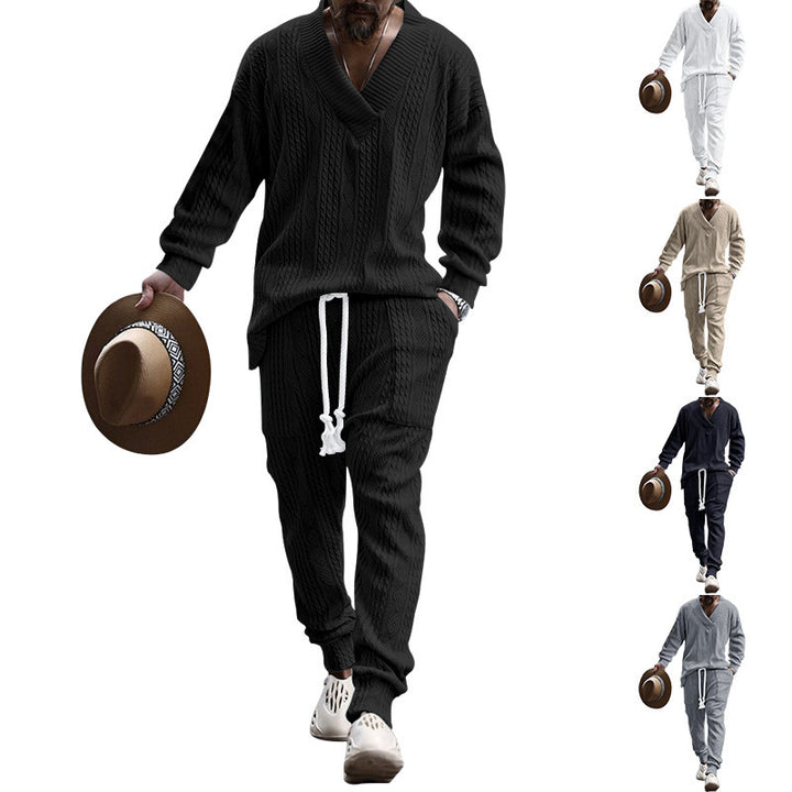 Men's oversized knit loungewear set with deep V-neck, drawstring pants and ribbed cuffs Mune Fashion