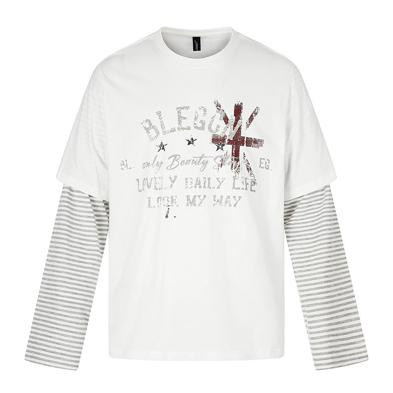 Women's Layered Long Sleeve Shirt with Striped Insert Sleeves and Vintage Print Mune Fashion