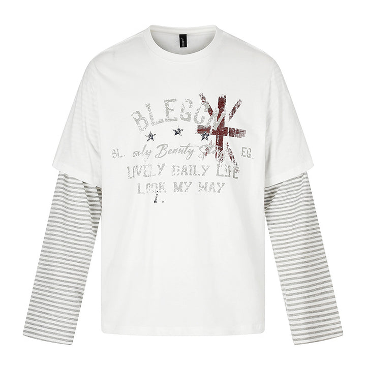 Women's Layered Long Sleeve Shirt with Striped Insert Sleeves and Vintage Print Mune Fashion