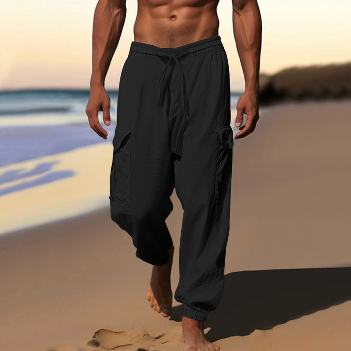 Men's airy linen blend beach pants with cargo pockets and elastic hem Mune Fashion