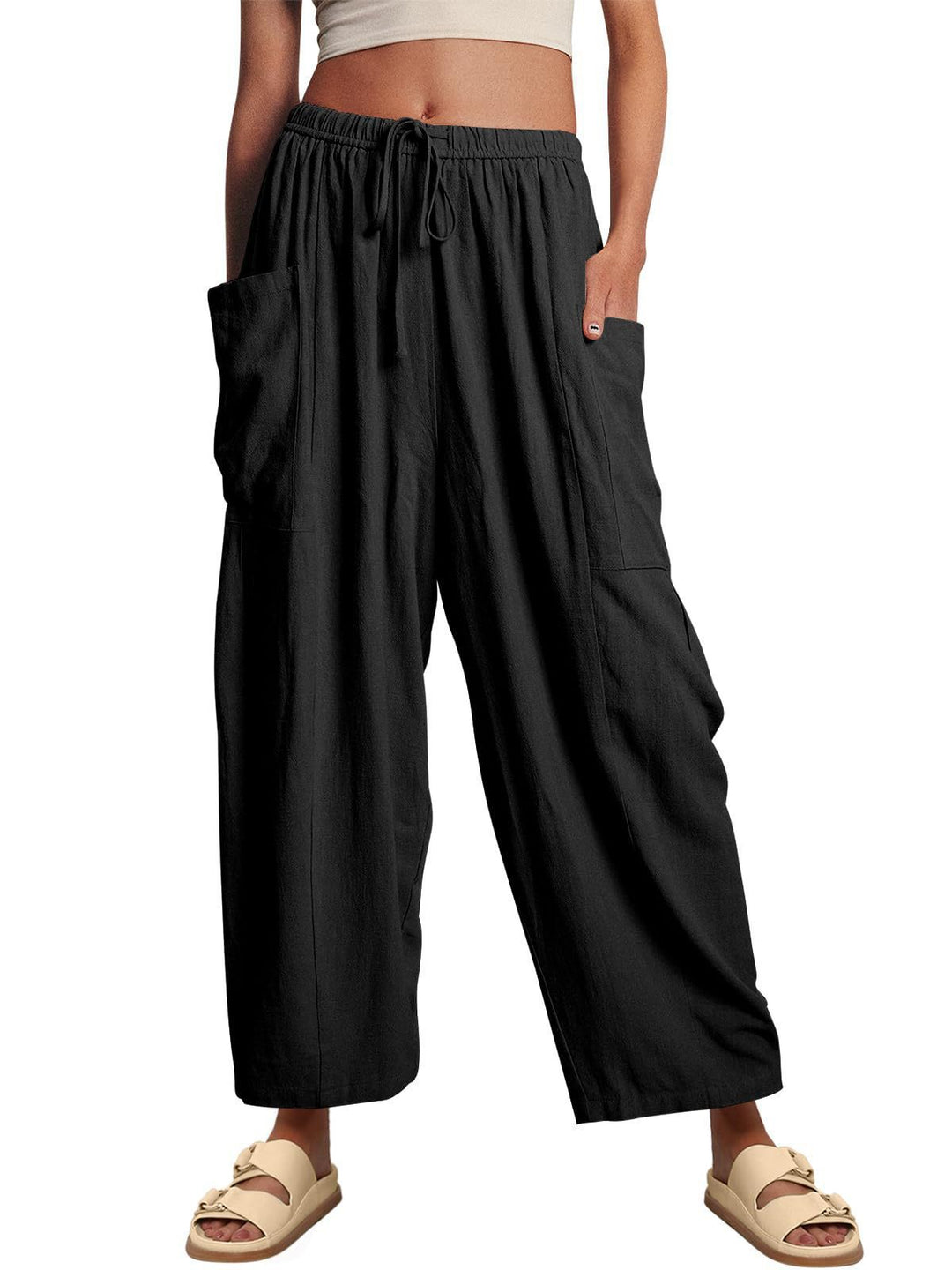 Women's wide palazzo pants made from a lightweight linen blend with drawstring and side pocket Mune Fashion