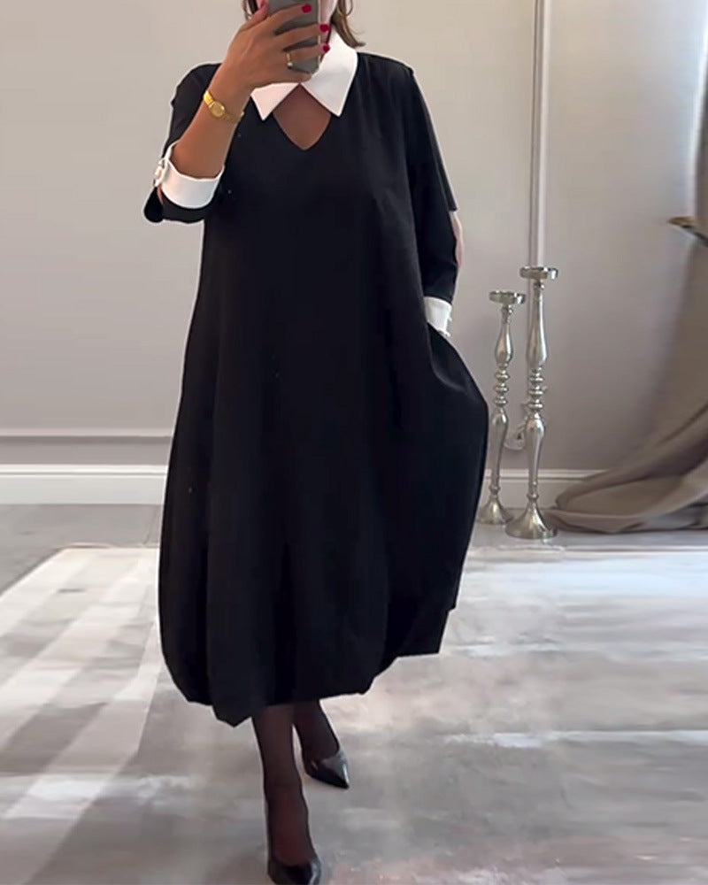 Women's casual midi dress with pointed contrast collar, cuffed sleeves, side pockets, and balloon hem Mune Fashion