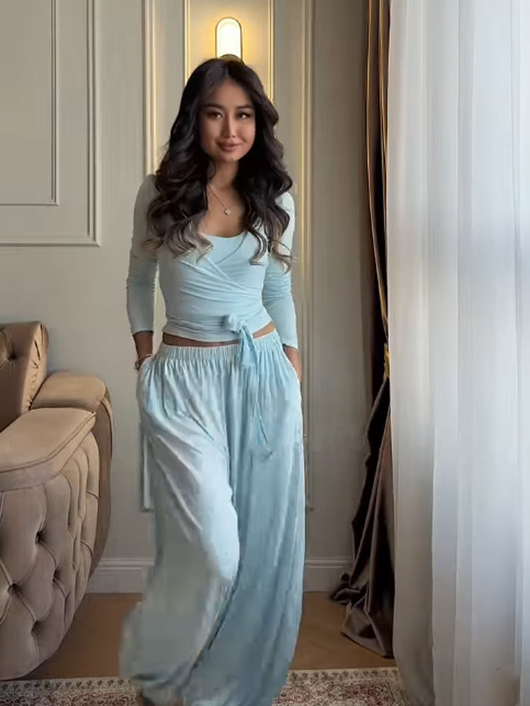 Women's loungewear set with wrap cropped top and wide palazzo pants Mune Fashion