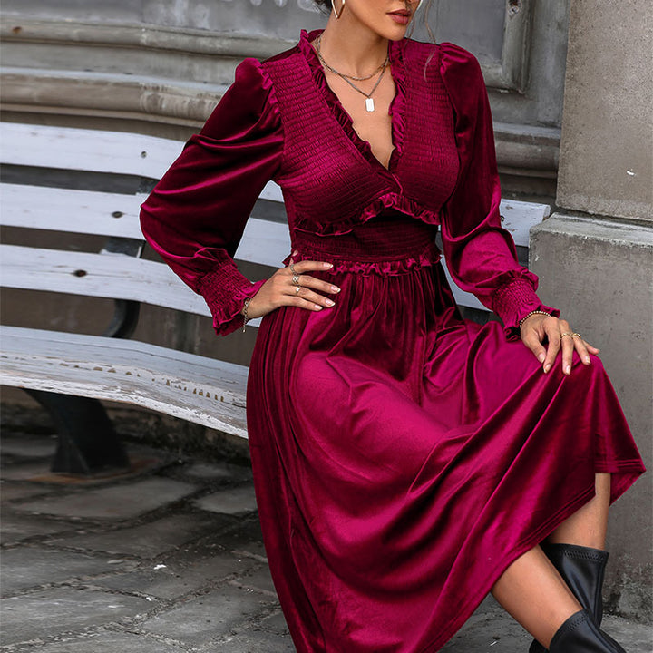 Women's Velvet Midi Dress with Gathered Smock Top, V-neck and Ruffles