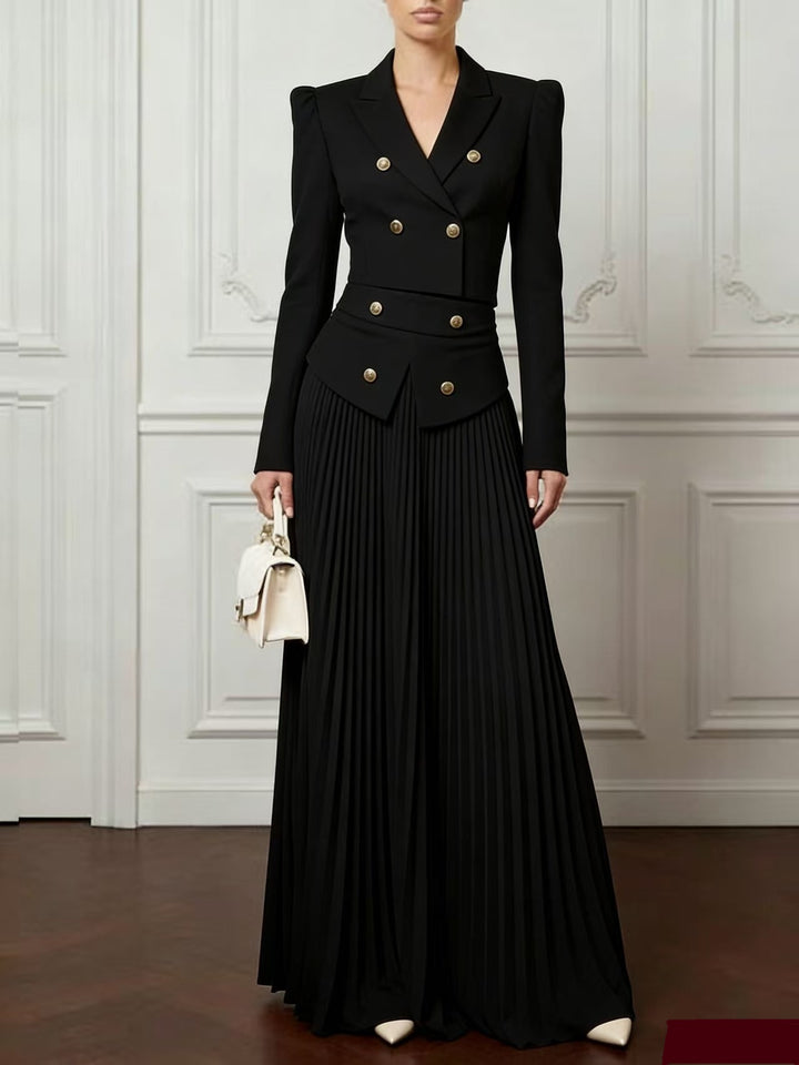 Women Two-Piece Fitted Suit with Double-Breasted Blazer and Pleated Maxi Skirt Mune Fashion