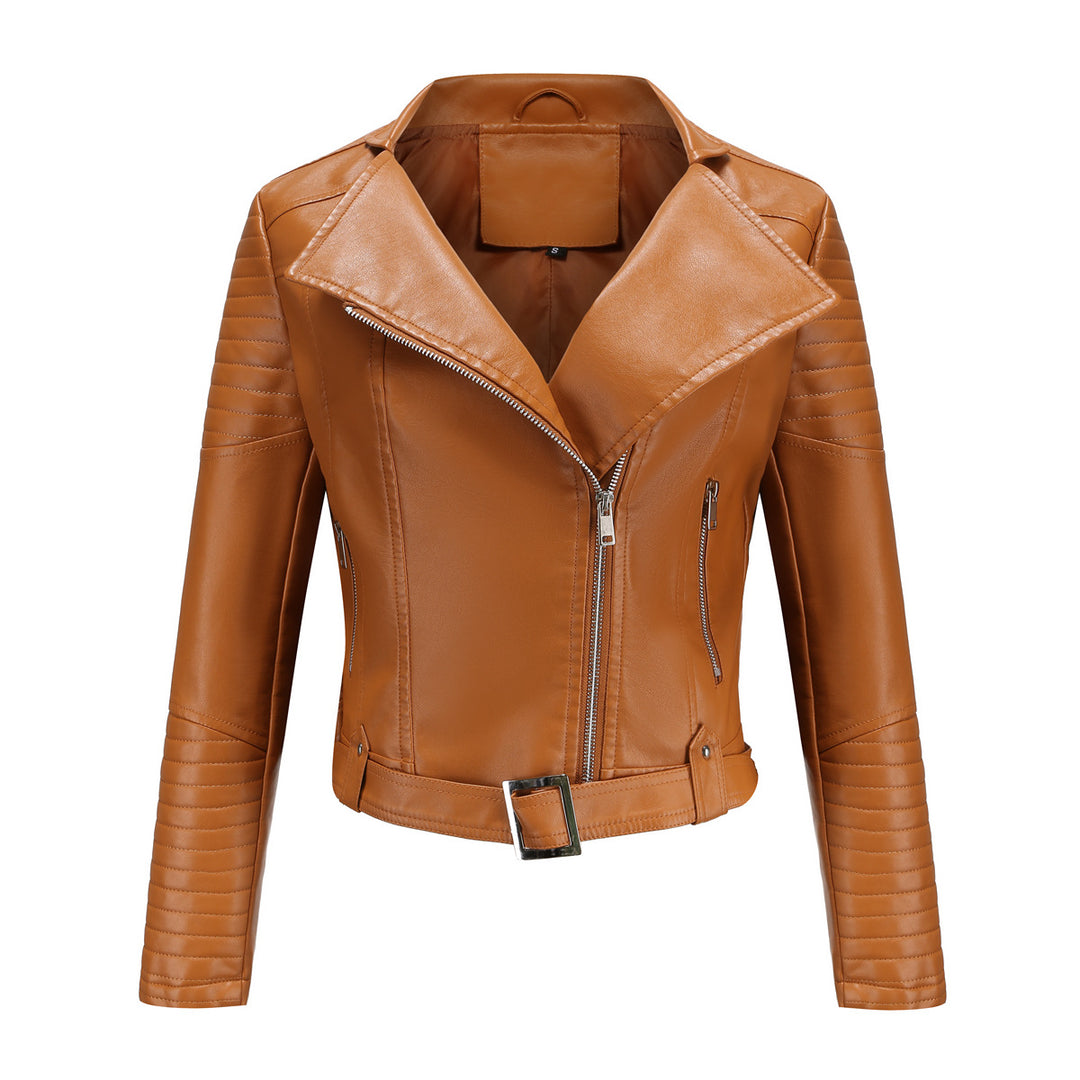 Women's cropped motorcycle jacket in biker look with asymmetric zipper and quilted sleeve part Mune Fashion