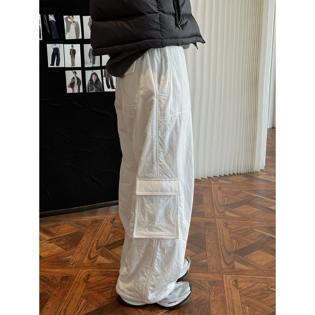 Women's Wide High-Waist Cargo Palazzo Pants with Flap Pockets Mune Fashion