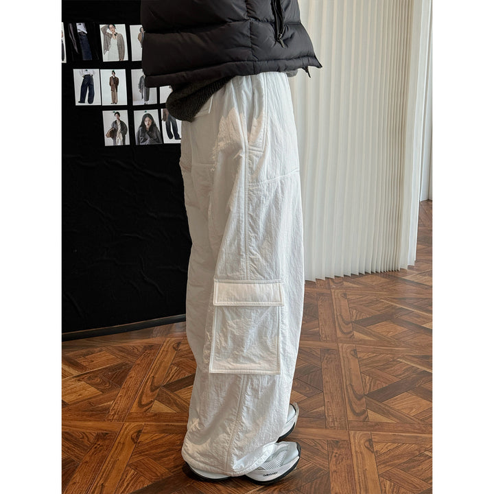 Women's Wide High-Waist Cargo Palazzo Pants with Flap Pockets Mune Fashion