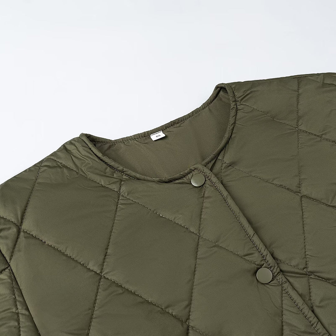 Women's quilted jacket without collar with snap button closure and patch pockets Mune Fashion
