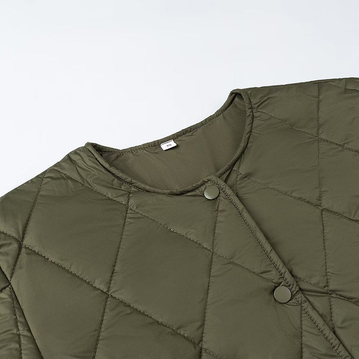 Women's quilted jacket without collar with snap button closure and patch pockets Mune Fashion