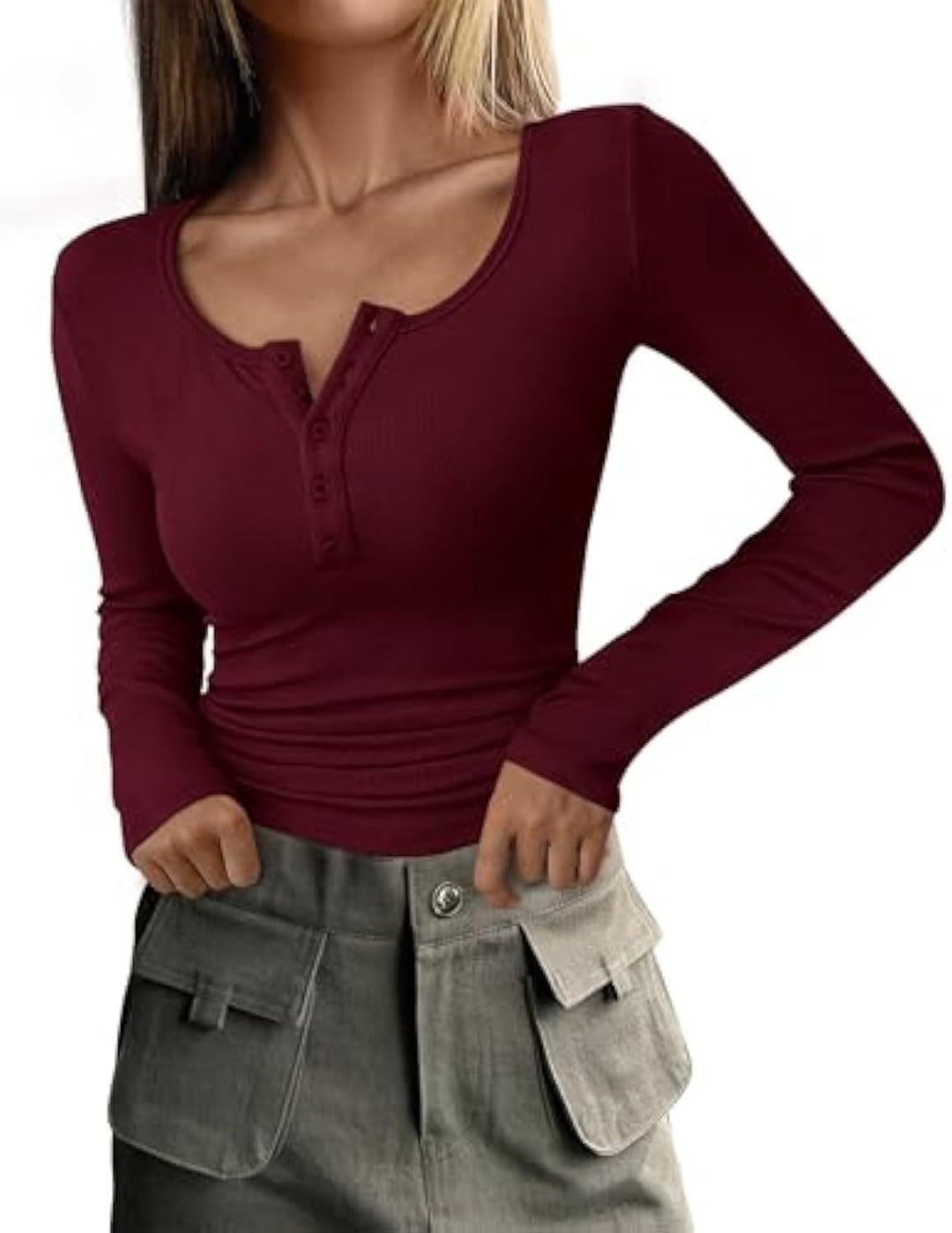 Women Long Sleeve Ribbed Shirt with Henley Button Placket and Tailored Fit Drune