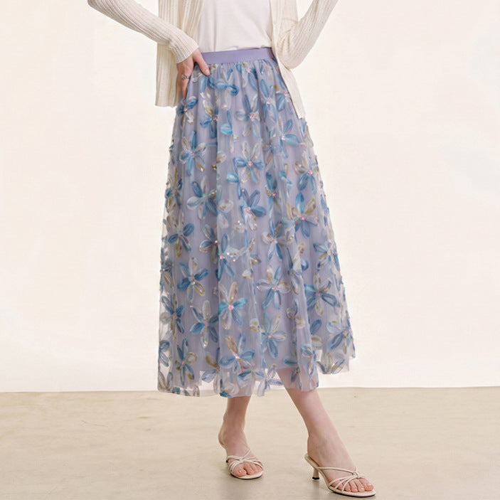 Women's embroidered A-line tulle skirt with 3D floral appliqué and high-waisted elastic waistband Mune Fashion