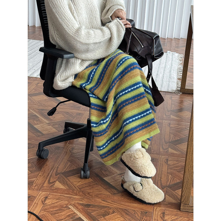 Women Striped Maxi Knit Skirt with High Waist and Fine Rib Structure Mune Fashion