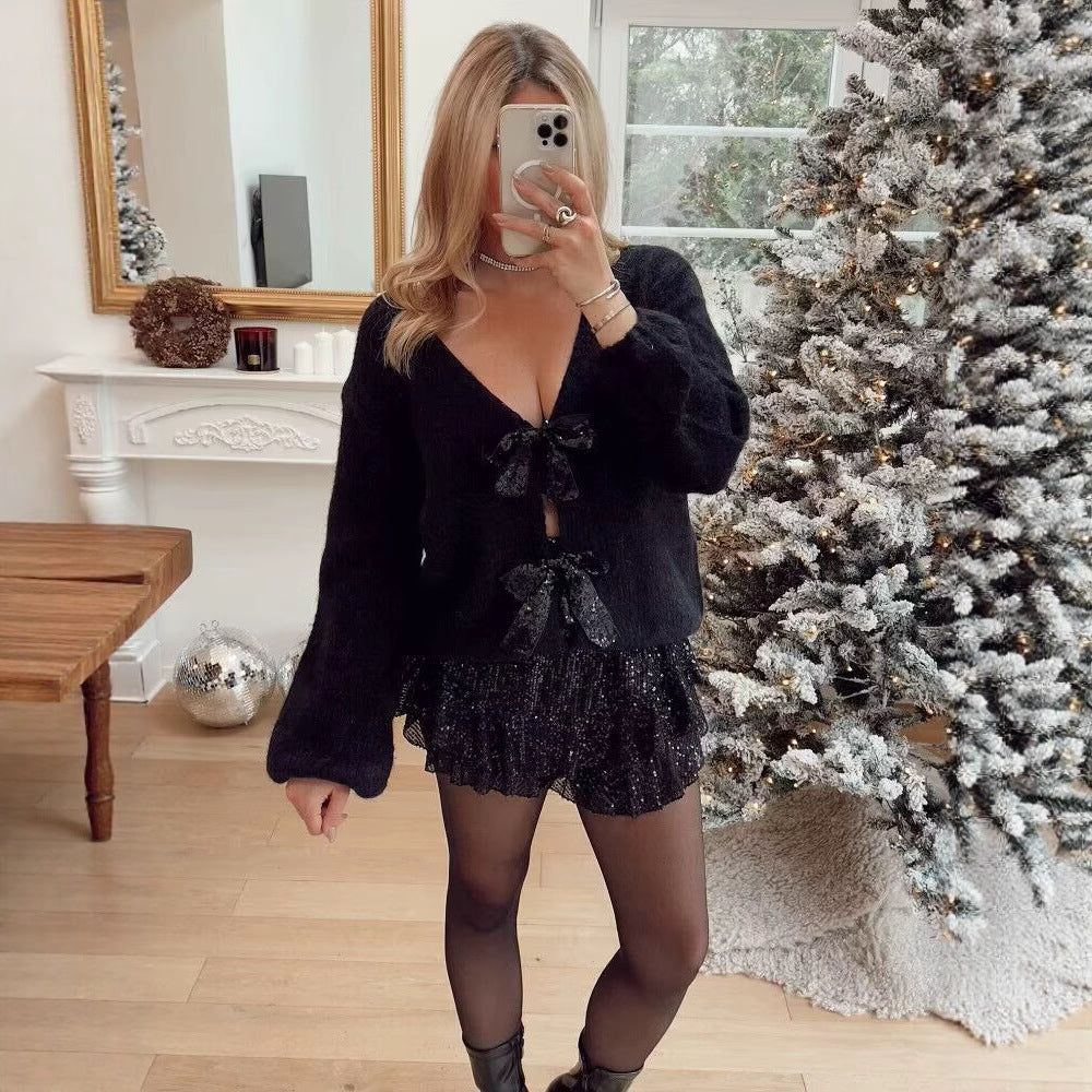 Women's Oversized Knit Cardigan with V-neck and Sequin Bows Mune Fashion