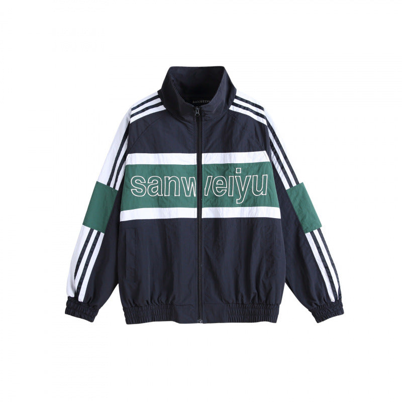 Unisex Retro Sporty Zip Training Jacket with Stand-up Collar, Colorblock Stripes and Elastic Hem Mune Fashion