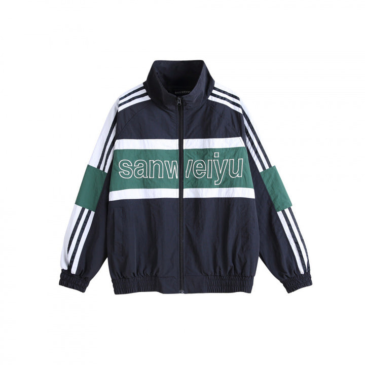 Unisex Retro Sporty Zip Training Jacket with Stand-up Collar, Colorblock Stripes and Elastic Hem Mune Fashion