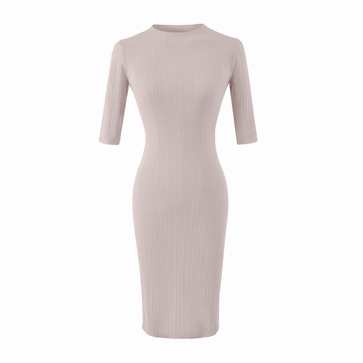 Women's fitted ribbed midi dress with half sleeves and stand-up collar Mune Fashion