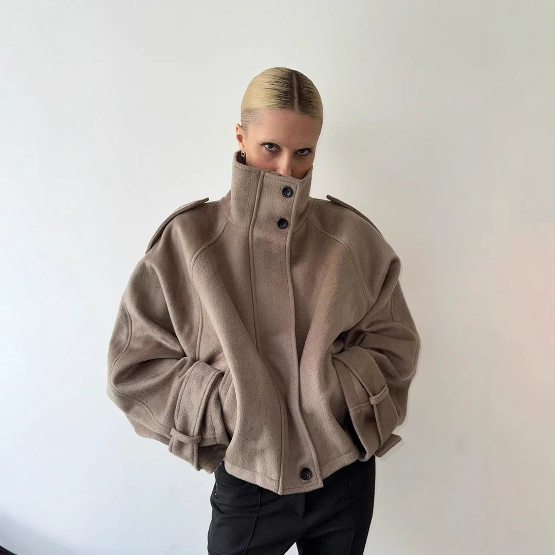 Women's Oversized Wool Cropped Jacket with High Stand-up Collar and Balloon Sleeves Mune Fashion